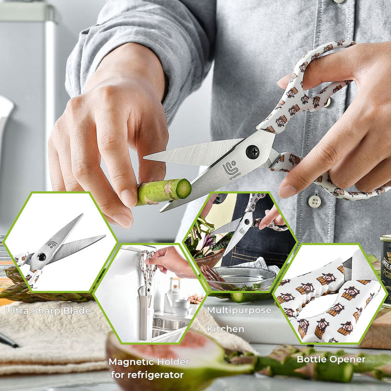 Linoroso Kitchen Scissors Heavy Duty Kitchen Shears with Magnetic Holder Made with Japanese Steel 4034, Multipurpose Ultra Sharp Cooking Scissors for Meat/Vegetables/BBQ/Herbs/Pizza (Graphic,Cow) White/Cow - BeesActive Australia