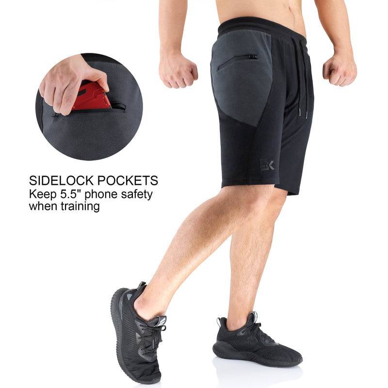 [AUSTRALIA] - BROKIG Men's Sidelock Gym Workout Running Sport Shorts with Zipper Pockets Spliced Grey Medium 