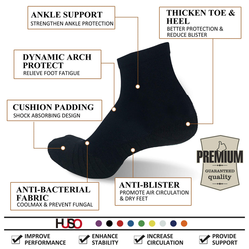 [AUSTRALIA] - Running Socks Ankle Support, HUSO Men Women High Performance Arch Compression Cushioned Quarter Socks 1,2,3,4,6 Pairs #### 6 Pair Black 