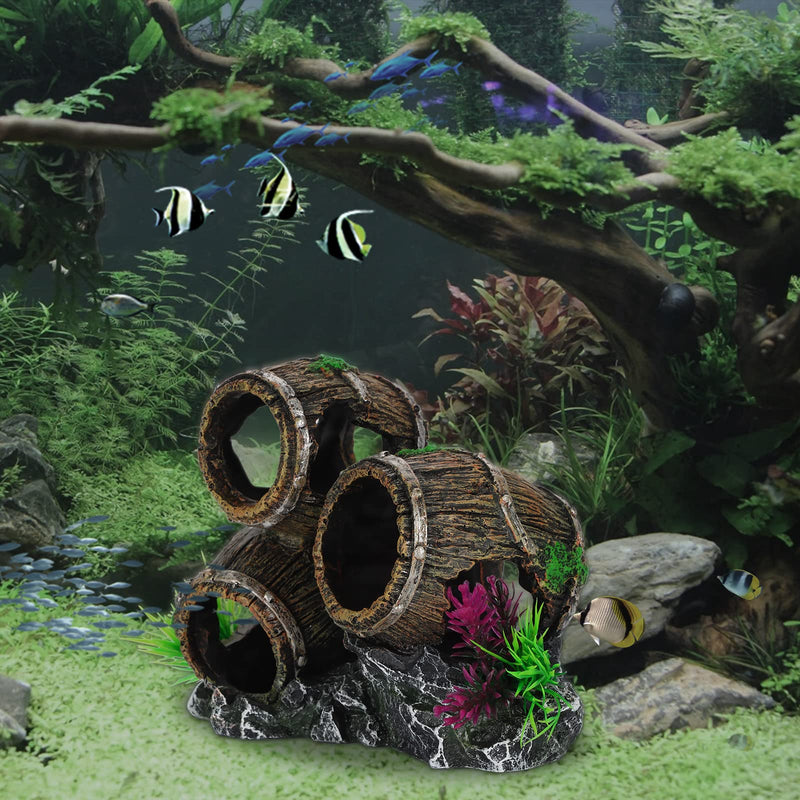 UNEAK - Aquarium Decorations Three Stacked Broken Barrels Fish Tank Decoration Ornament Landscaping Over Rocks Cave Saltwater Freshwater Small & Medium Fish Garden Pond Ornaments Resin - BeesActive Australia