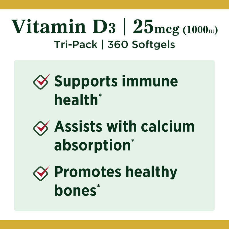 Vitamin D3 by Nature's Bounty, Vitamin Supplement, Supports Immune System and Bone Health, 1000IU, 120 Softgels (Pack of 3) 120 Count (Pack of 3) - BeesActive Australia