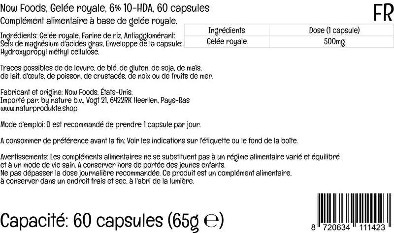 Now Foods, Royal Jelly, 500mg, Standardised to 6% 10-HDA, High Dose, 60 Capsules, Lab-Tested, Gluten Free, SOYA Free, Non GMO - BeesActive Australia