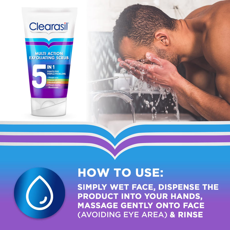 Clearasil 5 in 1 Exfoliating Scrub, For Acne Prone Skin, Unclog Pores, Reduces Blackheads, Pimples and Excess Oil, Everyday Spots Prevention, 150 ml - BeesActive Australia
