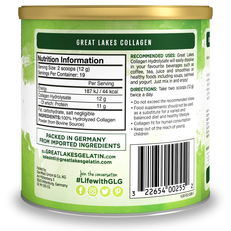 Great Lakes Gelatin Collagen Hydrolysate, Grass-Fed Bovine Hydrolysed Collagen Peptides Protein Powder Supplement, Unflavoured, 226g, Can - BeesActive Australia