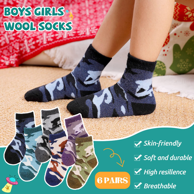 Kids Wool Warm Socks Boys Girls Hiking Thick Winter Thermal Soft Cozy Toddlers Crew Socks 6 Pairs 6 Pairs Camouflage 4-7 Years - BeesActive Australia