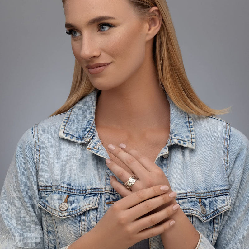 925 Sterling Silver Rotating Spinner Band Ring Wrapped With 5 Black/Silver Hammered Spinner Rings, Stylish, Hypoallergenic, Nickel and Lead-free, Artisan Handcrafted Designer Collection, Made in Israel Hammered 5 Silver spinner ring 8 - BeesActive Australia