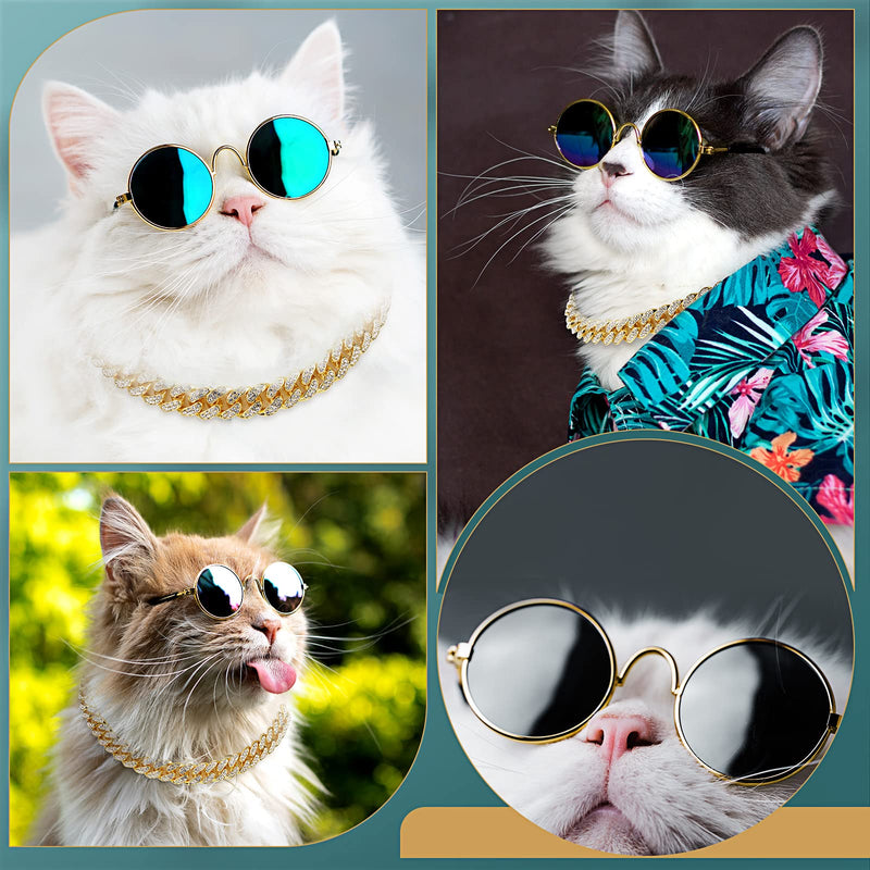 2 Pieces Gold Cat Dog Chain Collar and Sunglasses Set Rhinestone Cuban Collar Chain with Design Secure Buckle Retro Round Glasses for Dogs Cats Party Cosplay Costumes Funny Photo Props 16 Inch - BeesActive Australia