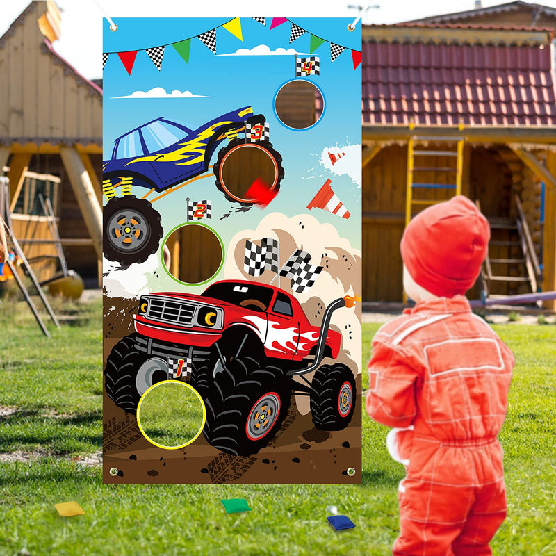 BeYumi Monster Truck Toss Game Banner with Bean Bags Checkered Party Game for Indoor Outdoor Activities 4 Score Holes Game Monster Truck Theme Birthday Party Supplies for Kid Adult - BeesActive Australia