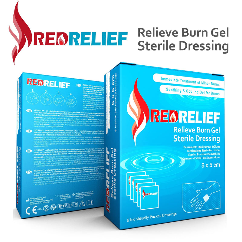 Pack of 5 RedRelief Emergency 5x5cm Burn Dressing - Cools, soothes and relieves Pain - BeesActive Australia