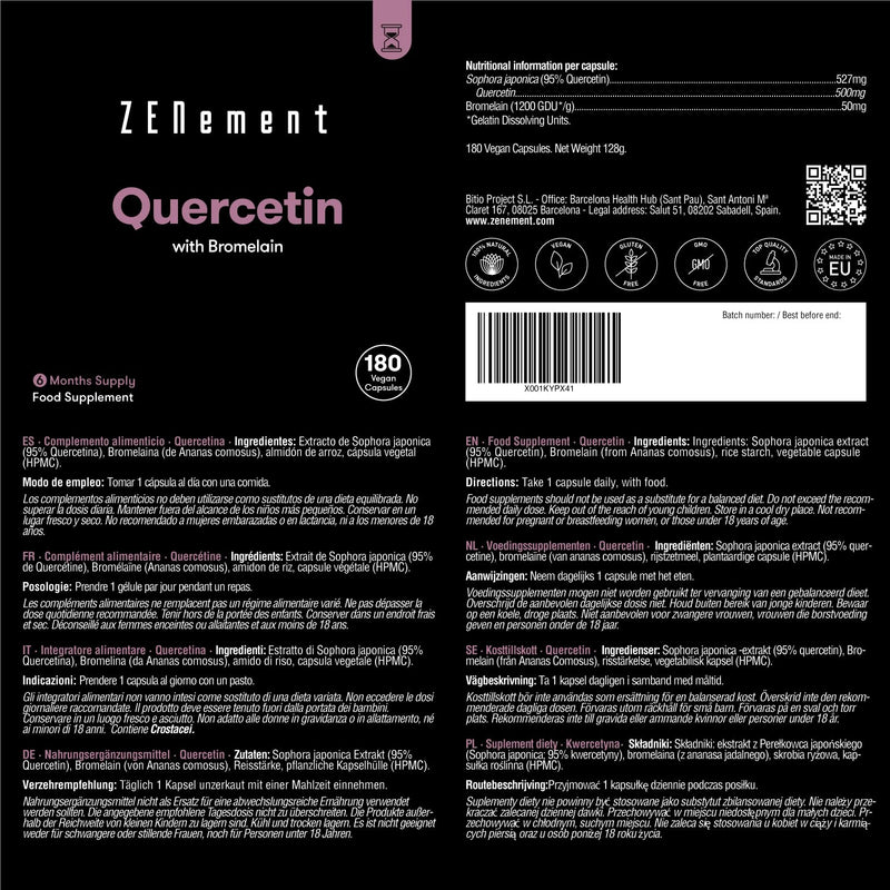 Quercetin 500mg, with Bromelain, 180 Capsules | Anti-ageing, Healthy Ageing, Antioxidant | 100% Natural Ingredients, Vegan, Additives Free | Zenement - BeesActive Australia