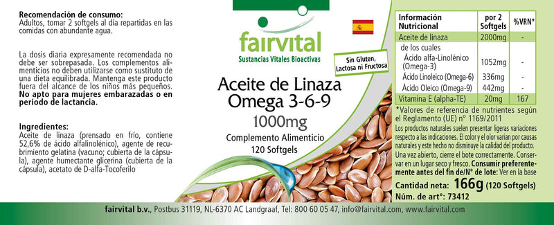 Fairvital | Flax Oil Linseed Omega 3-6-9 - Cold-Pressed - 120 softgels - Rich in Alpha-linolenic Acid - BeesActive Australia