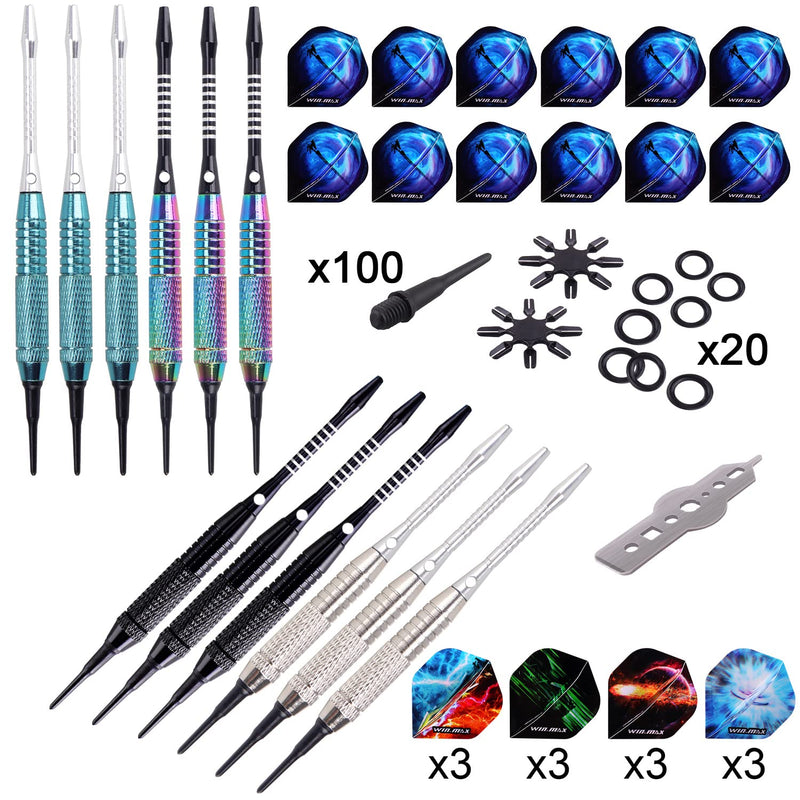 WIN.MAX Darts Plastic Tip - Soft Tip Darts Set - 12 Pcs 18 Gram with 100 Extra Dart Tips 12 Flights Flight Protectors and Wrench for Electronic Dart Board rainbow+silver+black+green - BeesActive Australia