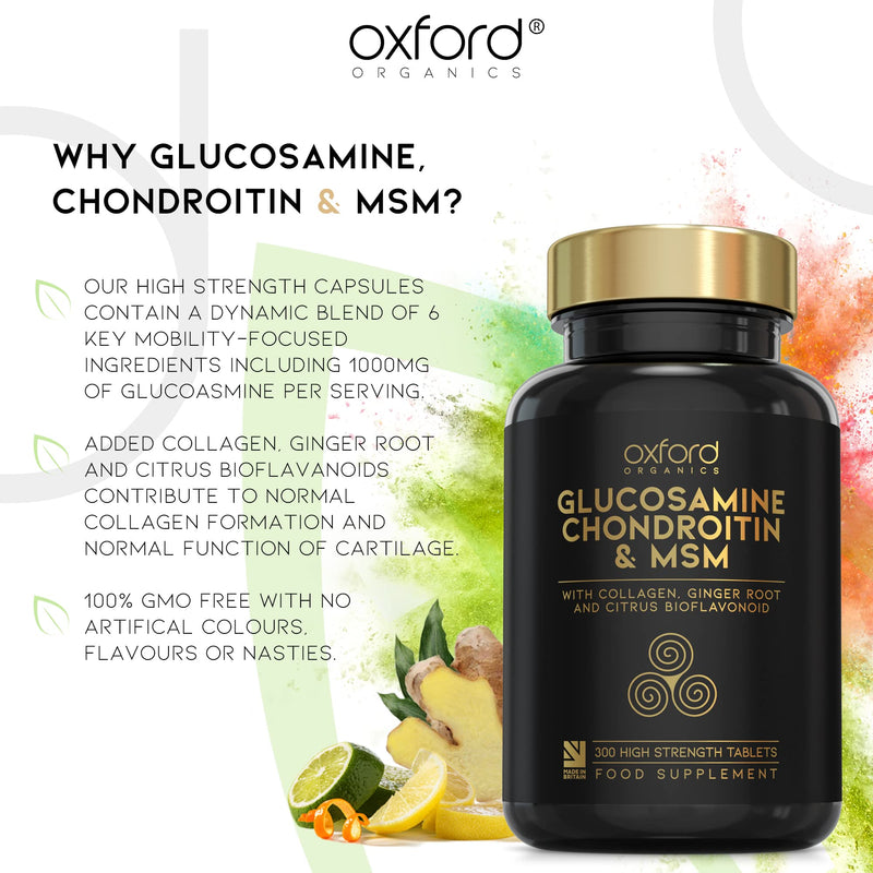 Glucosamine and Chondroitin MSM Tablets High Strength | 300 Glucosamine Sulphate Tablets - with Collagen, Citrus Bioflavonoid and Ginger Root Extract | Glucosamine Tablets Men and Women Made in the UK 300 Count (Pack of 1) - BeesActive Australia