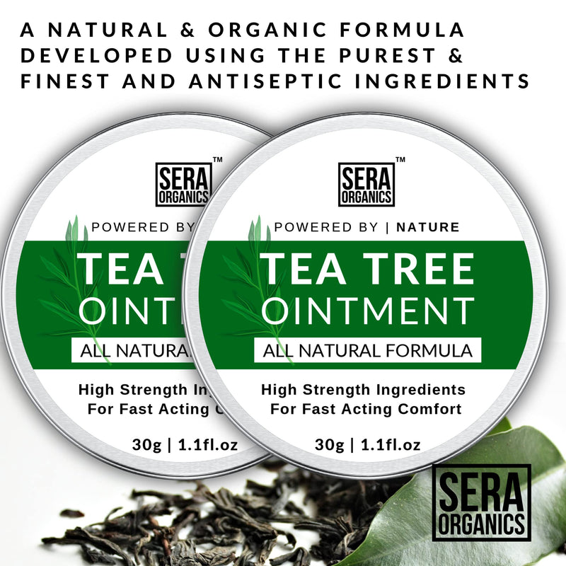 Tea Tree Ointment - Skin Soothing & Moisturising, For Nail Infections, Athletes Foot, Cracked Heels, 100% Natural Ingredients, Beeswax, Shea Butter & Essential Oils - Made In UK By Sera Organics (30g) 30 g (Pack of 1) - BeesActive Australia