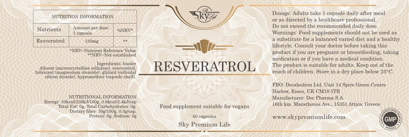 Sky Premium Life Resveratrol Supplements - 60 Resveratrol Supplements Capsules | Vegan Trans Resveratrol Capsules | 2 Month Supply - BeesActive Australia