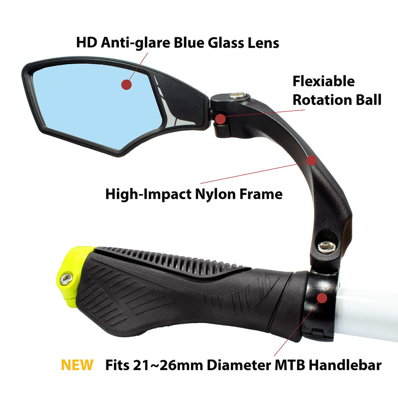 Hafny New Handlebar Bike Mirror, HD,Blast-Resistant, Glass Lens, E-Bike Mirror, HF-MR095 Anti-glare Blue Left - BeesActive Australia