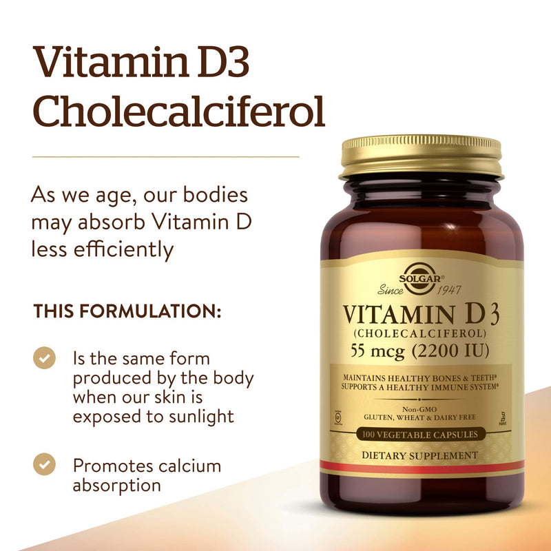 Solgar Vitamin D3 (Cholecalciferol) 2200 IU (55 �g) Vegetable Capsules - Pack of 100 - Healthy Bones and Teeth - Supports Immunity and Muscle Function - Vegetarian Unflavoured 100 Count (Pack of 1) - BeesActive Australia
