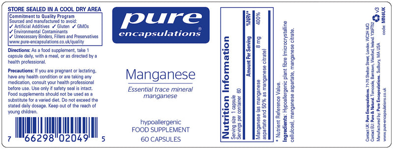 Pure Encapsulations - Manganese 8mg - Highly Bioavailable Essential Trace Mineral Manganese Supplement - 60 Vegetarian Capsules - BeesActive Australia