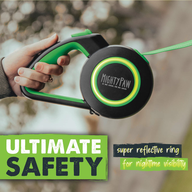 Mighty Paw Retractable Dog Leash 2.0 | 16’ Heavy Duty Reflective Nylon Tape Lead for Pets Up to 110 lbs. Tangle Free Design W/ One Touch Quick-Lock Braking System & Anti-Slip Handle Standard Green - BeesActive Australia