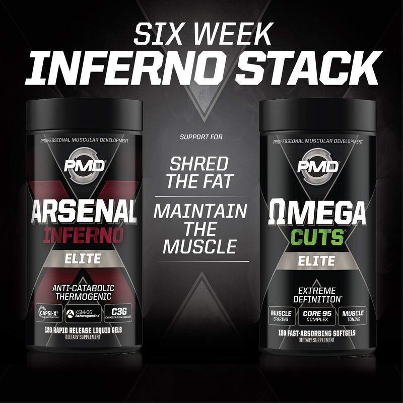 PMD Sports Six Week Inferno Stack - Maximum Strength Fat Burner and CLA Omega Fatty Acid to Lose Fat Fast and Increase Muscle Tone - Arsenal X Inferno/120 Liquid Gels, Omega Cuts Elite/180 Softgels - BeesActive Australia