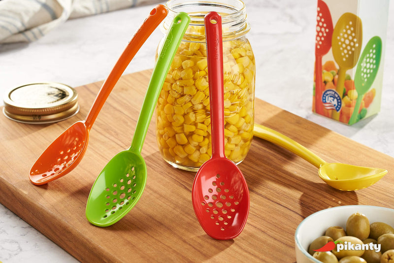 Pikanty Small Slotted Spoon - for straining oils and juices, reaching into small jars, and serving all kinds of food. 4 Colors - BeesActive Australia