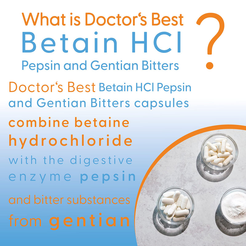 Doctor's Best, Betaine HCl (Betaine Hydrochloride) with Pepsin and Bitter Substances from Gentian, 650mg, 120 Soft Capsules, Highly Dosed, Laboratory-Tested, SOYA-Free, Gluten-Free, Non-GMO - BeesActive Australia