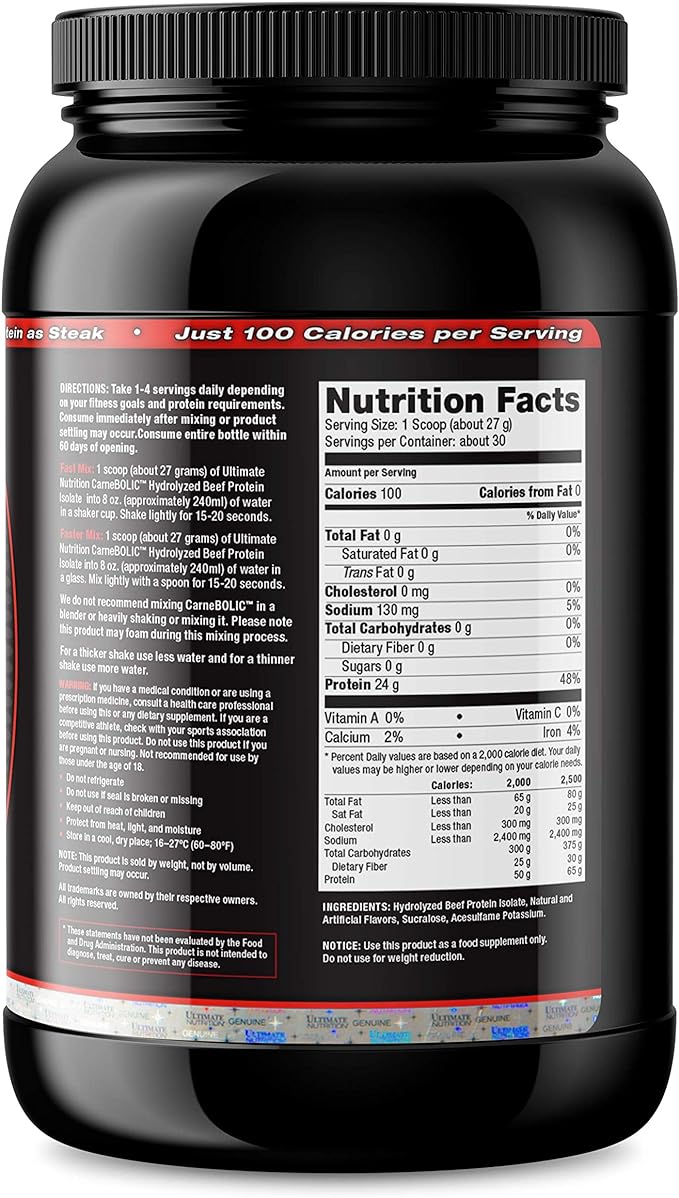 Ultimate Nutrition Carne Bolic Beef Protein Powder, Lactose-Free, Paleo and Keto Friendly, No Sugar or Carb, Hydrolyzed Protein, 30 Servings, Vanilla - BeesActive Australia
