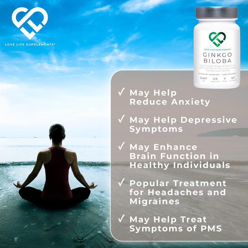 High Strength Ginkgo Biloba Capsules | 15,000mg 50:1 Extract (from Gingko Biloba Leaves) - 60 Servings | 24% Flavone Glycosides (3rd Party Tested) | Pure Ginko (No Fillers) | Love Life Supplements - BeesActive Australia