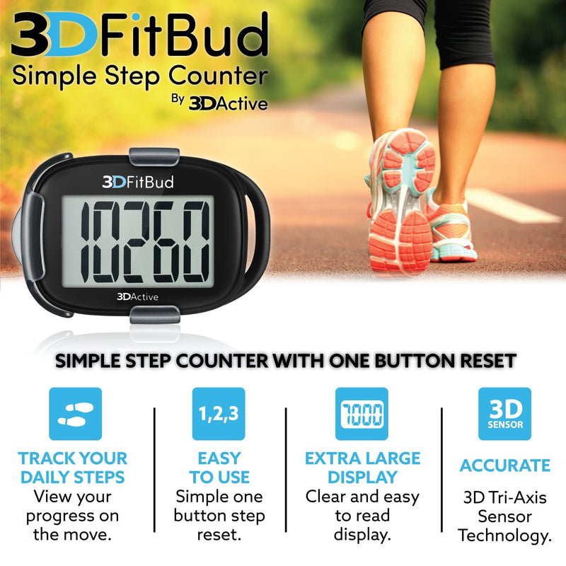 3DFitBud Simple Step Counter Walking 3D Pedometer with Clip and Lanyard, A420S Black with Clip - BeesActive Australia