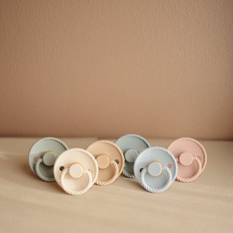 FRIGG Rope Natural Rubber Baby Pacifier | Made in Denmark | BPA-Free (Honey Gold/Portobello, 0-6 Months) 0-6 Month Honey Gold/Portobello - BeesActive Australia