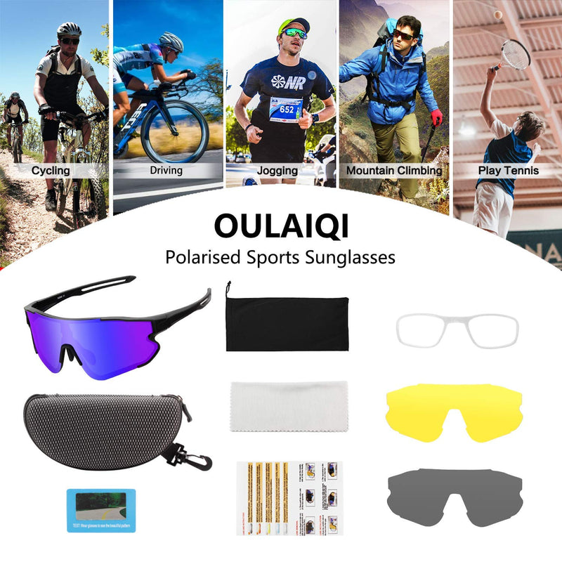 OULAIQI Polarized Sports Sunglasses Cycling Sunglasses for Men Women with 3 Interchangeable Lenses Baseball Glasses Black&Blue - BeesActive Australia