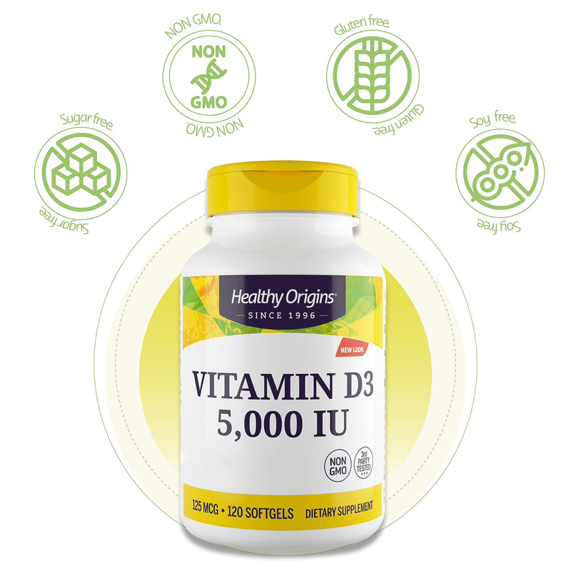 Healthy Origins, Depot Vitamin D3 125mcg (5000 IU), 1 Capsule Every 5 Days, 120 Softgels, Highly Dosed, Lab-Tested, Soy Free, Gluten Free, Non GMO - BeesActive Australia