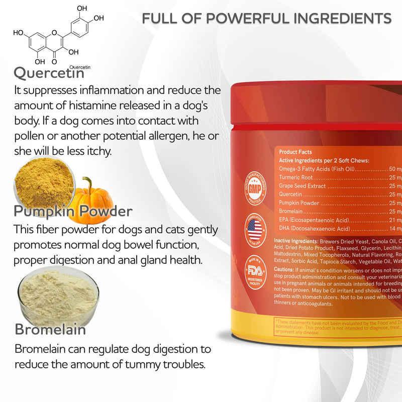 Obille Allergy Aid Dog Chews 198g, 90ct - Relieves Itchy Skin, Healthy Coat, Safe Natural Ingredients, Antioxidant Immunity Booster. with Omega3, Turmeric, Quercetin, Grape Seed, Pumpkin, Bromelain… - BeesActive Australia