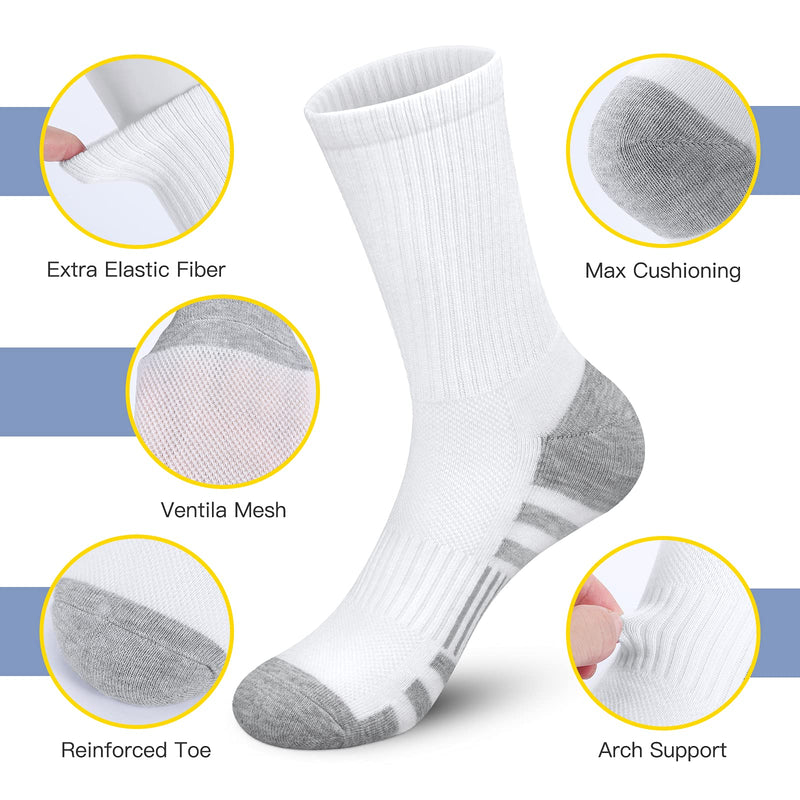 Athletic Socks, Cushioned Running Socks Performance Breathable Crew Socks Wicking Outdoor Sports Socks for Men Women(6 Pairs) 6-9 White_1 - BeesActive Australia