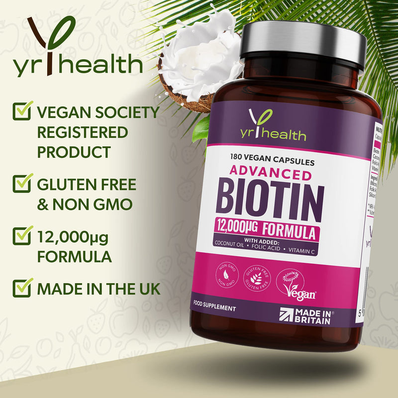 Biotin Hair Growth Supplement 12,000mcg, 180 Vegan Capsules not Biotin Tablets for Hair Skin and Nails with Coconut Oil, Vitamin C & Folic Acid, Vitamin B7 for Men and Women - Made in UK by YrHealth - BeesActive Australia
