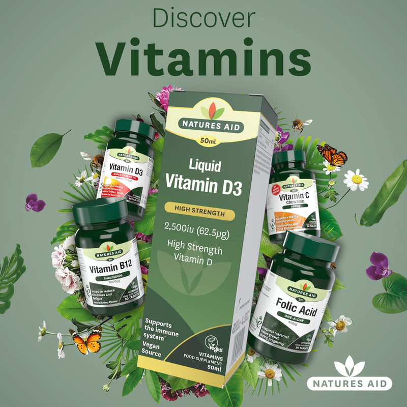 Natures Aid Vegan Vitamin D3/Cholecalciferol Liquid, 2500iu, Dropper Included, 50 ml (Pack of 1) - BeesActive Australia