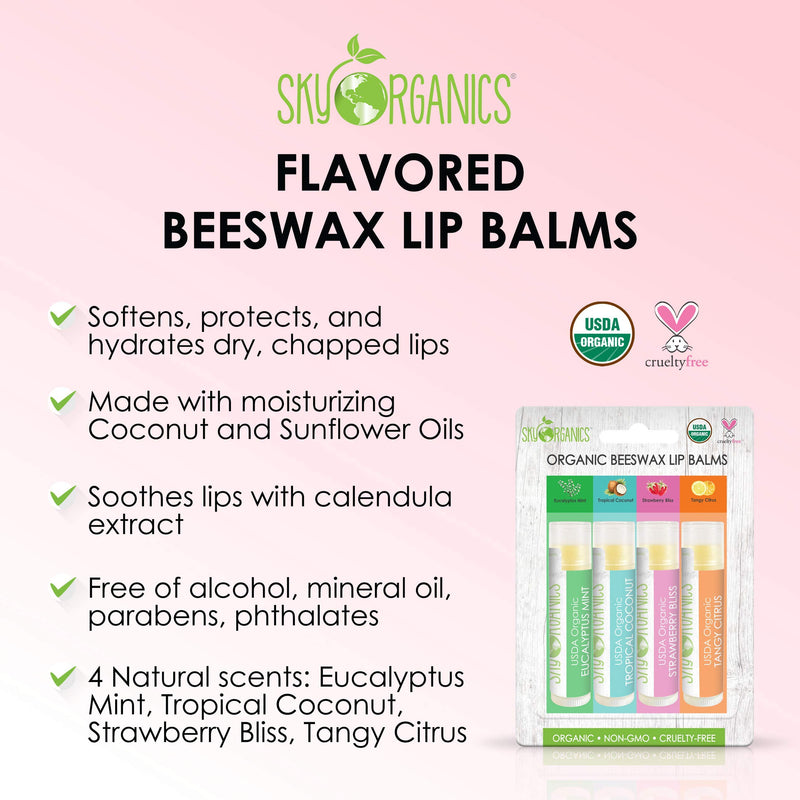 USDA Organic Flavored Beeswax Lip Balms (4 Tubes) Eucalyptus Mint, Tropical Coconut, Strawberry, Tangy Citrus – Beeswax Coconut Oil Vitamin E Lip Butter Chapstick for Dry Lips - For Adults & Kids 4 Lip Balms - BeesActive Australia