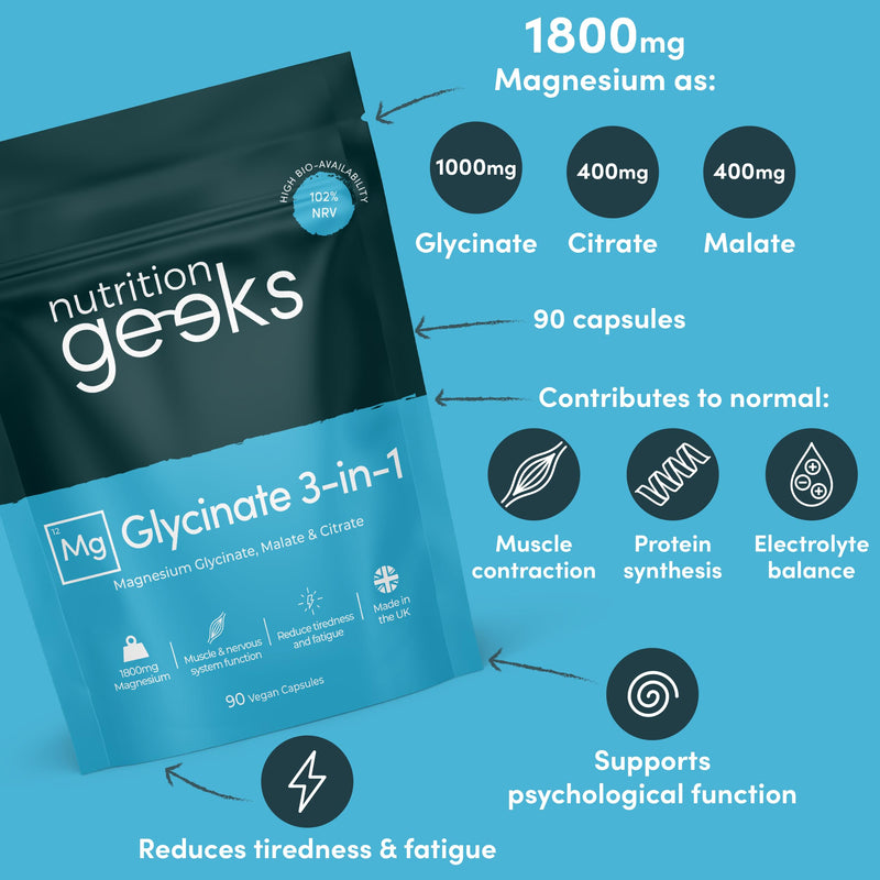 Magnesium Glycinate 3-in-1 Complex - 1800mg Magnesium Supplements as Magnesium Bisglycinate, Magnesium Citrate & Magnesium Malate - 90 Vegan Capsules, Triple High Absorption - 384mg Elemental, UK Made - BeesActive Australia