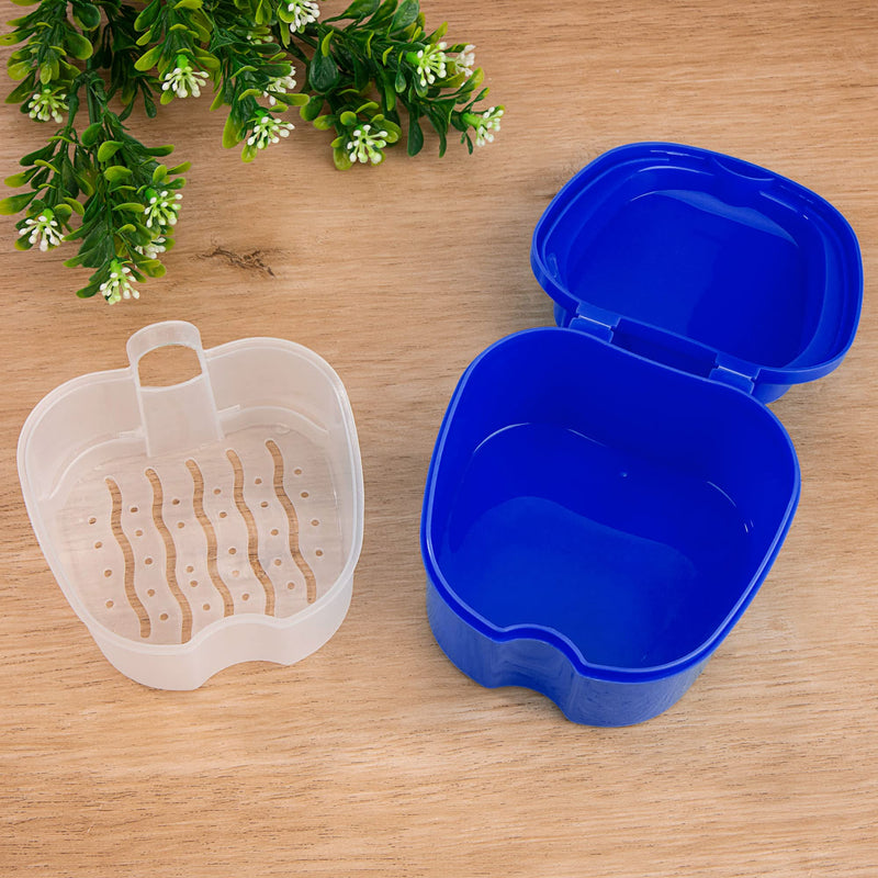 Heveer Denture Bath Case Dental Retainer Box Portable Denture Container with Strainer for False Teeth Storage Soaking Cleaning Dark Blue - BeesActive Australia