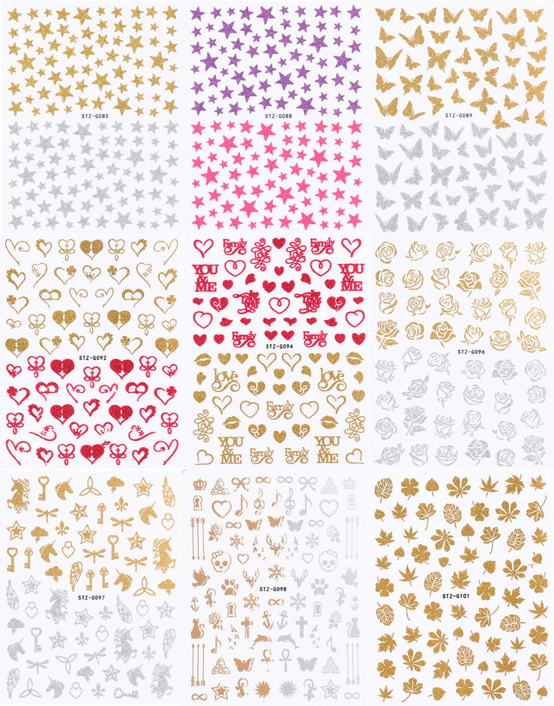 9 Sheets Fashion Matte Valentine's Day Nail Art Stickers,3D Self-Adhesive Glitter Shiny Stars Butterflies Leaves love Roses Wings Key Nail Decals For Acrylic Nail Supplies,Nail Decoration Beauty Accessories - BeesActive Australia