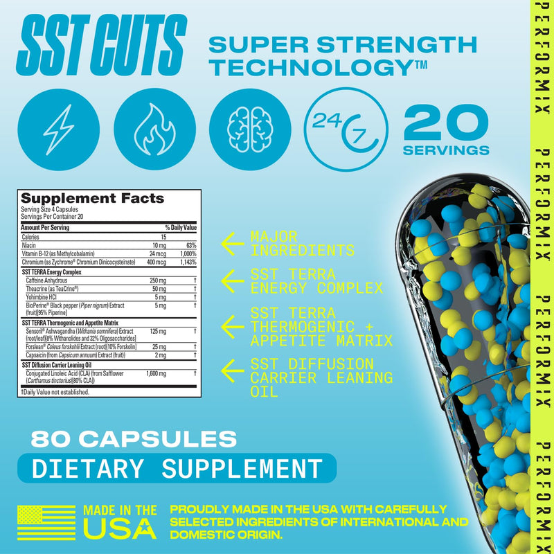 Performix - SST Cuts - Thermogenic with CLA - Energy, Focus & Mood - Metabolism Support - Hunger Control - Nootropic - Caffeine, Zychrome & Teacrine - Pre Workout - Men & Women - 160 Servings - 2 Pack 80 Count (Pack of 2) - BeesActive Australia