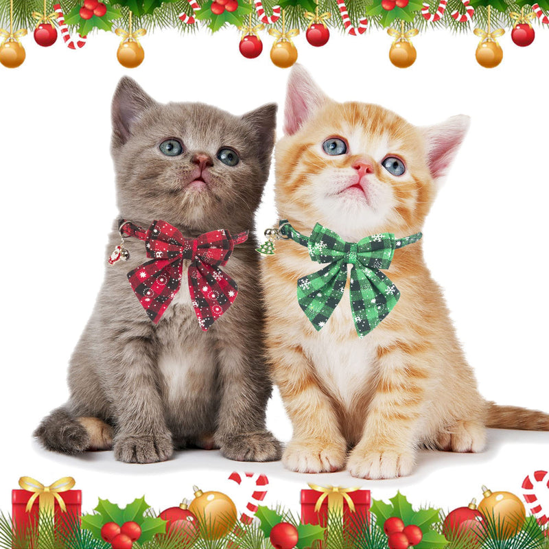 ADOGGYGO Christmas Cat Collars Breakaway with Stylish Bow, 2 Pack Red Green Plaid with Snowflake Christmas Kitten Collar with Bell, Removable Bowtie Cat Christmas Collar for Cats Kittens - BeesActive Australia