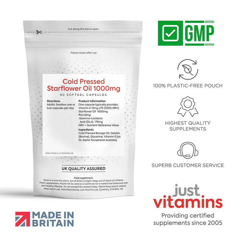 Starflower Oil Capsules 1000mg/Borage Oil x90 Soft Gels, Cold Pressed High Strength GLA with Vitamin E - 3 Month Supply - x2 The GLA Level of Evening Primrose Oil Capsules - UK Made Supplements - BeesActive Australia