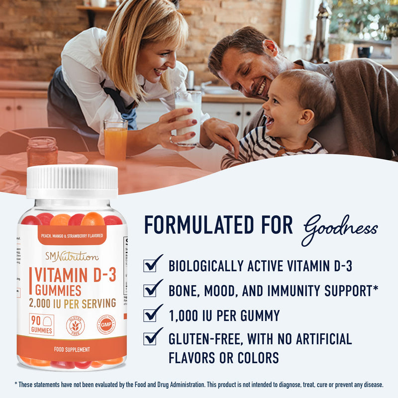 Vitamin D3 Gummies for Adults | 2000 IU (50mcg) Per Serving | Bone Health, Immunity, & Mood Support* | 1000 IU Per Gummy | Vegetarian, Gluten-Free, Third-Party Tested | 90 Gummies (45-Day Supply) - BeesActive Australia