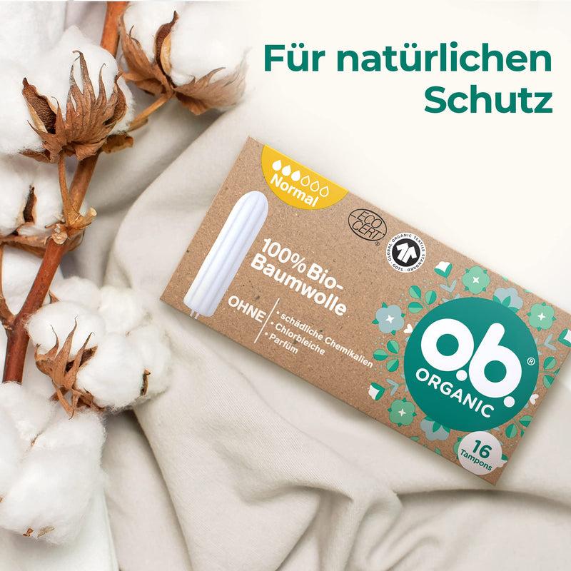 o.b. Organic Normal, Organic Tampons for Medium to Strong Days, Made from 100% Organic Cotton for Natural Protection (1 x 16 Pieces),Brown,30360 - BeesActive Australia