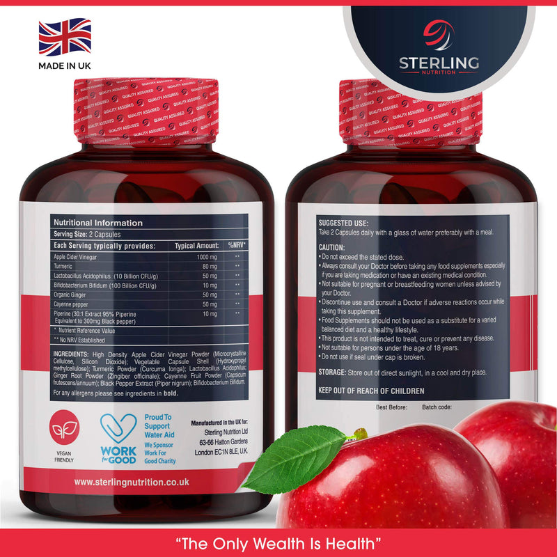 Apple Cider Vinegar Complex with Added Probiotics - 180 ACV Max Strength Vegan Capsules - 3 Month Supply - Made in UK - by Sterling Nutrition - BeesActive Australia