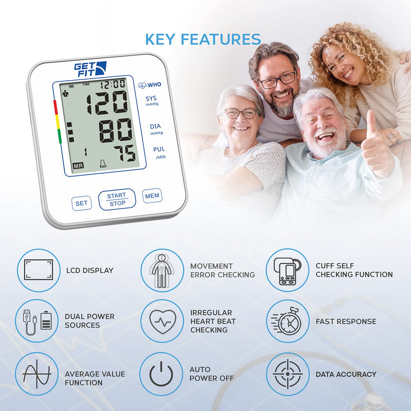 Get Fit Blood Pressure Monitor for Home Use - Medical Upper Arm Blood Pressure Machine Reader - Pulse Rate Monitor - 2x99 Memory - Large Adult Cuff - LCD Display Sphygmomanometer - White - 22-32cm Arm Cuff Size 22-32cm - BeesActive Australia