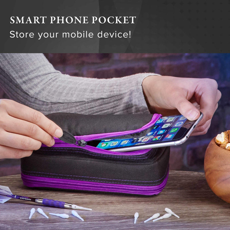 [AUSTRALIA] - Casemaster Plazma Plus, 3 Dart Case for Soft and Steel Tip Darts Features Large Front Mobile Device Pocket, Built-in Storage Tube and Pockets for Flights, Tips, Shafts, and Personal Items Amethyst Trim 