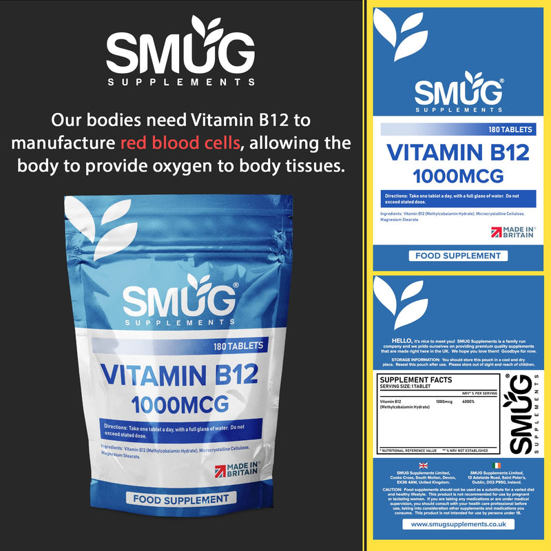 SMUG Supplements Vitamin B12 Tablets - 180 High Strength 1000mcg Pills - Contributes to The Reduction of Fatigue and Tiredness - Suitable for Men and Women - Vegan Friendly - Made in Britain - BeesActive Australia