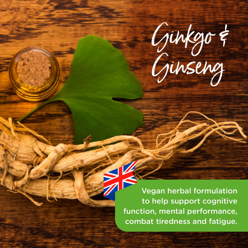 Healthspan Ginkgo & Ginseng | 120 Tablets | Ginkgo Biloba | Panax Ginseng Extracts | Iodine | Vitamin B3 | Vitamin B5 | Vegan - BeesActive Australia